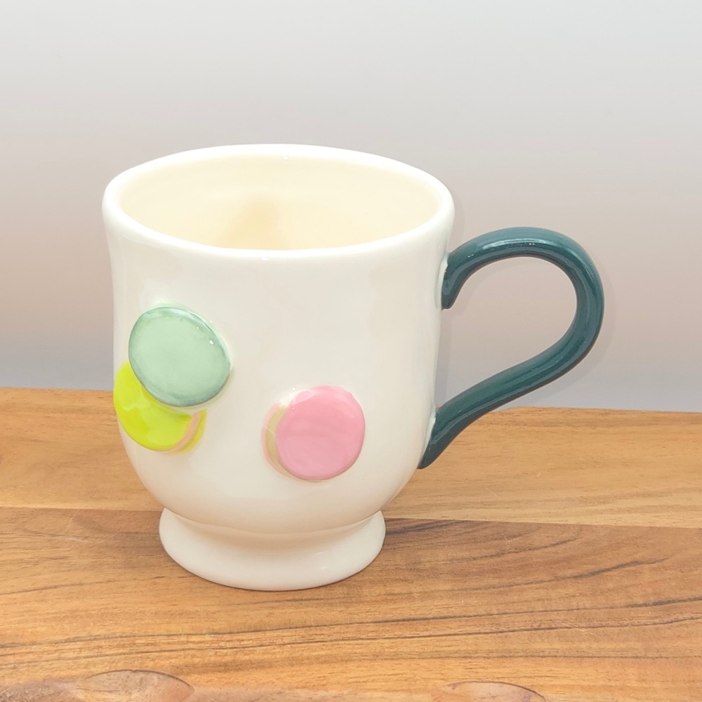 Anthropologie Holifaye Stoneware 13oz Coffee Mug Green Handle Holiday 3D Design